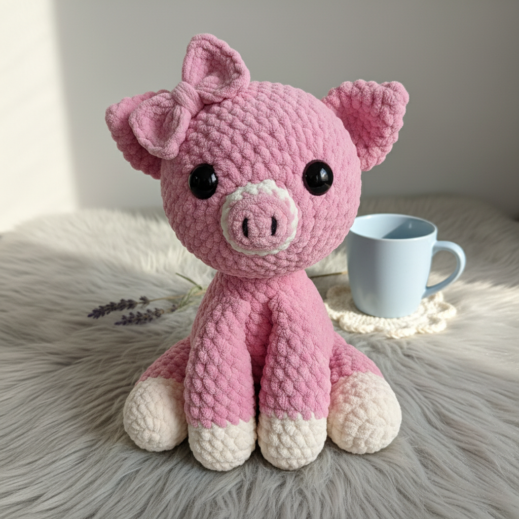 Pig Crochet Pattern PDF – Cute Amigurumi Pig with Bow, Plush Pig Toy Pattern
