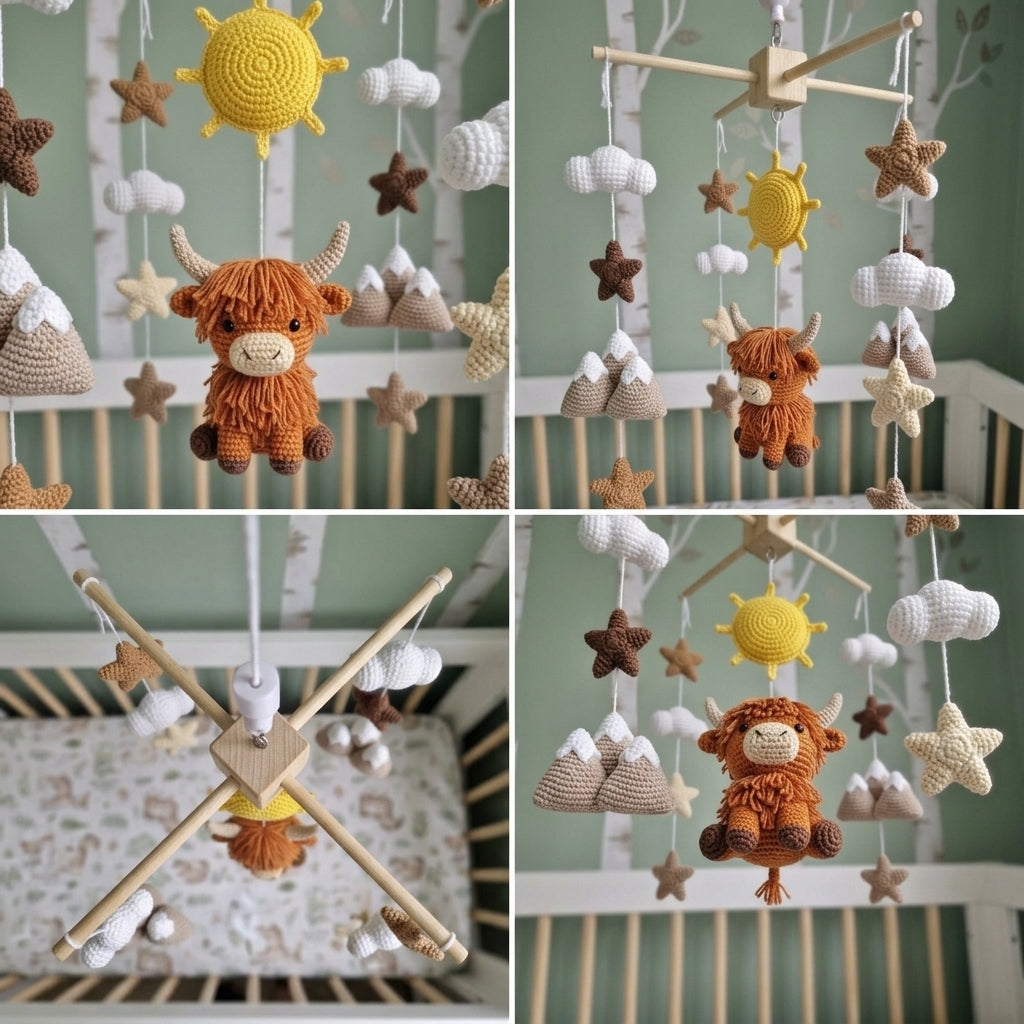 Mountain Highland Cow Crochet Baby Mobile, Handmade Rustic Crib Hanging with Sun, Peaks, Clouds and Stars