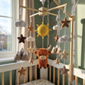 Mountain Highland Cow Crochet Baby Mobile, Handmade Rustic Crib Hanging with Sun, Peaks, Clouds and Stars