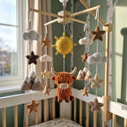 Mountain Highland Cow Crochet Baby Mobile, Handmade Rustic Crib Hanging with Sun, Peaks, Clouds and Stars