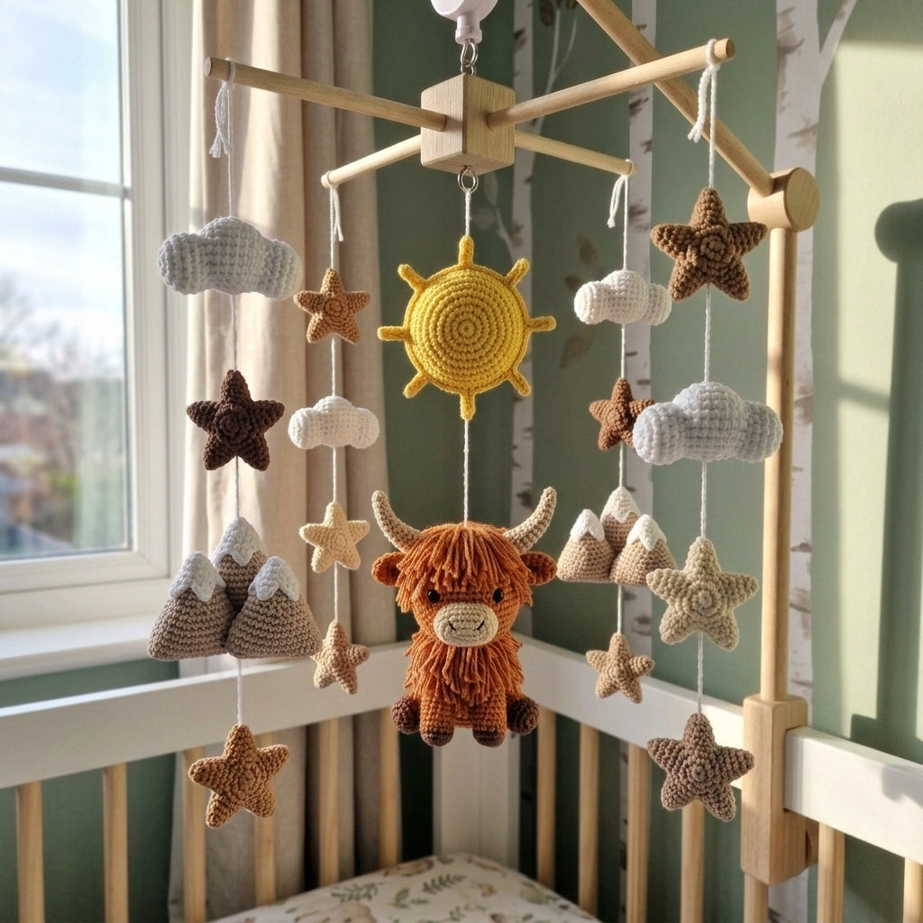 Mountain Highland Cow Crochet Baby Mobile, Handmade Rustic Crib Hanging with Sun, Peaks, Clouds and Stars