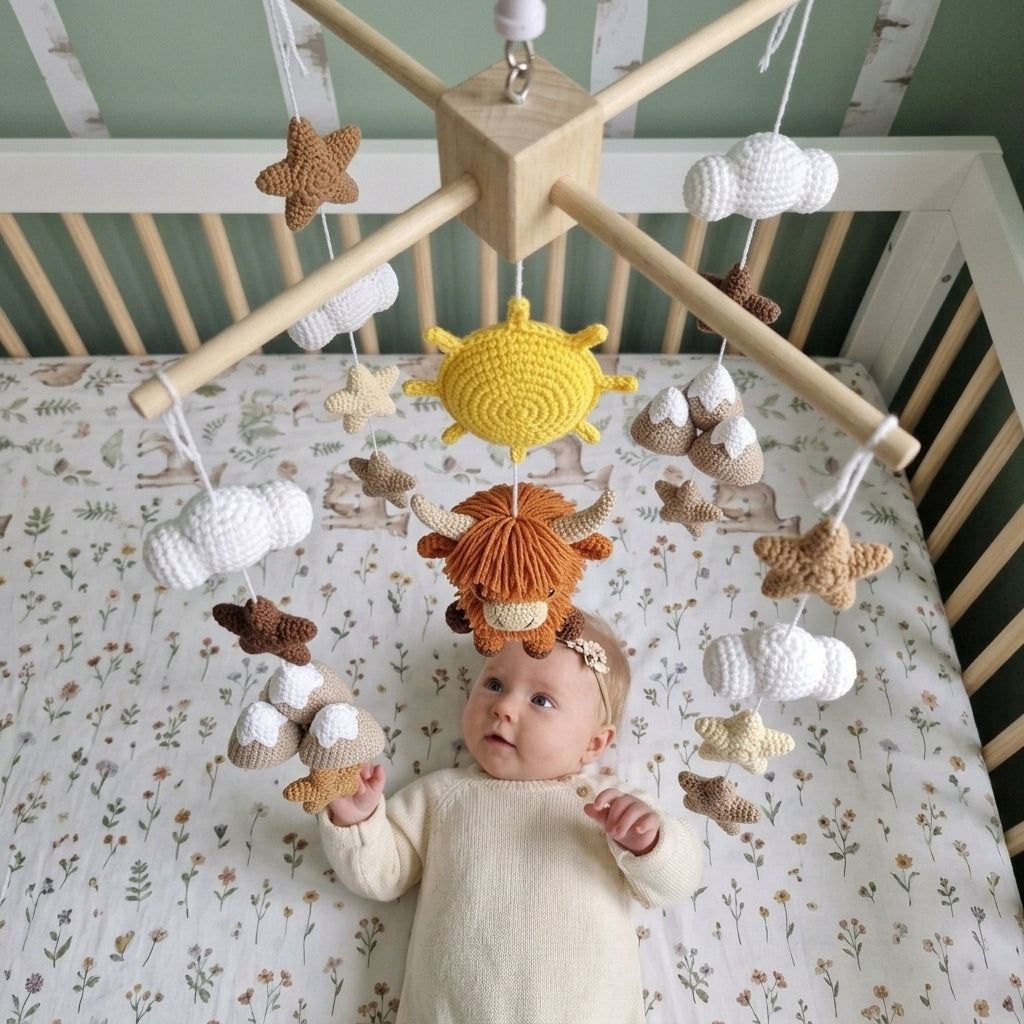 Mountain Highland Cow Crochet Baby Mobile, Handmade Rustic Crib Hanging with Sun, Peaks, Clouds and Stars
