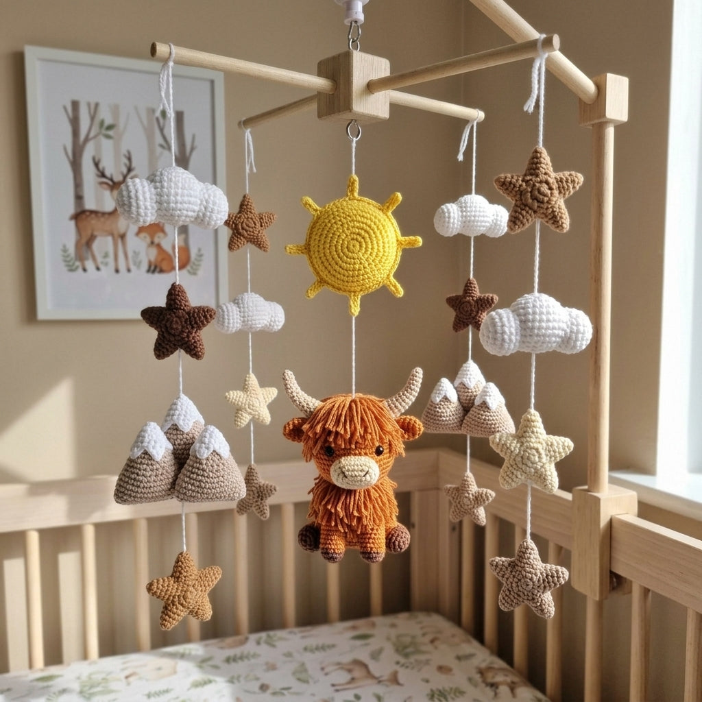 Mountain Highland Cow Crochet Baby Mobile, Handmade Rustic Crib Hanging with Sun, Peaks, Clouds and Stars