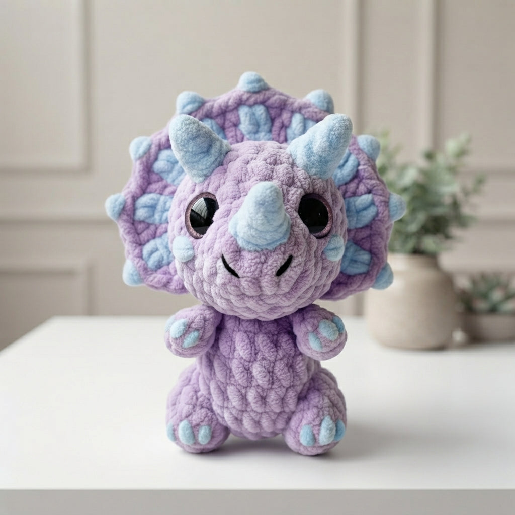 Mini Triceratops Crochet Pattern PDF, Cute Dinosaur Amigurumi, Purple Dino Plush Pattern