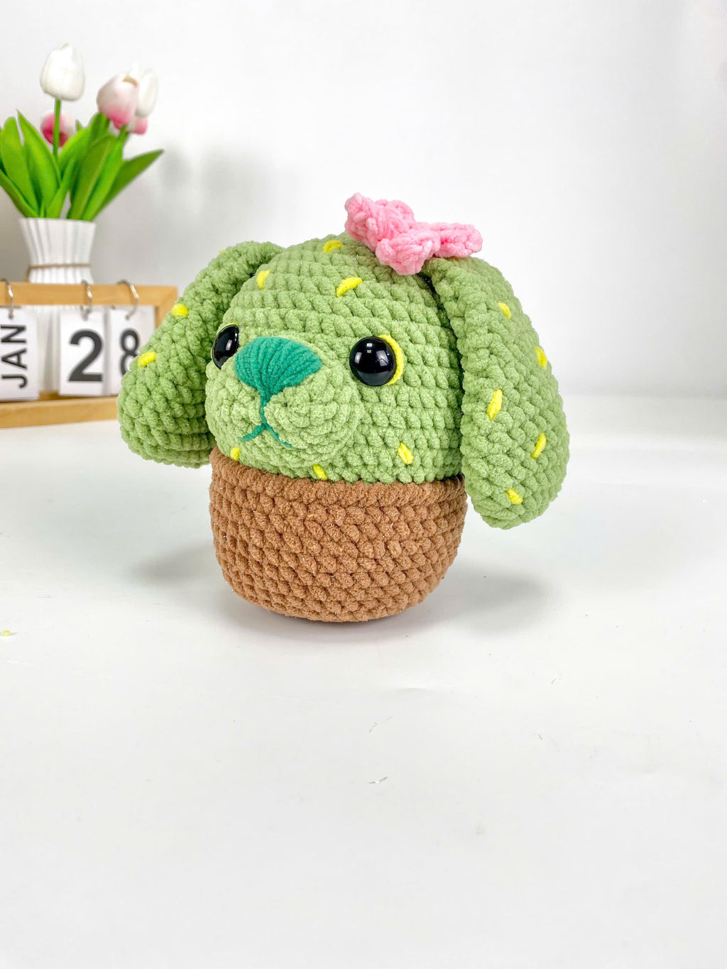 Green Cactus Dog Crochet Pattern, Amigurumi Cactus Dog Plush Toy, Crochet Dog with Flowers
