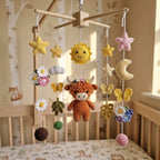 Wildflower Highland Cow Crochet Baby Mobile, Handmade Floral Crib Hanging with Butterflies, Moon and Sunshine