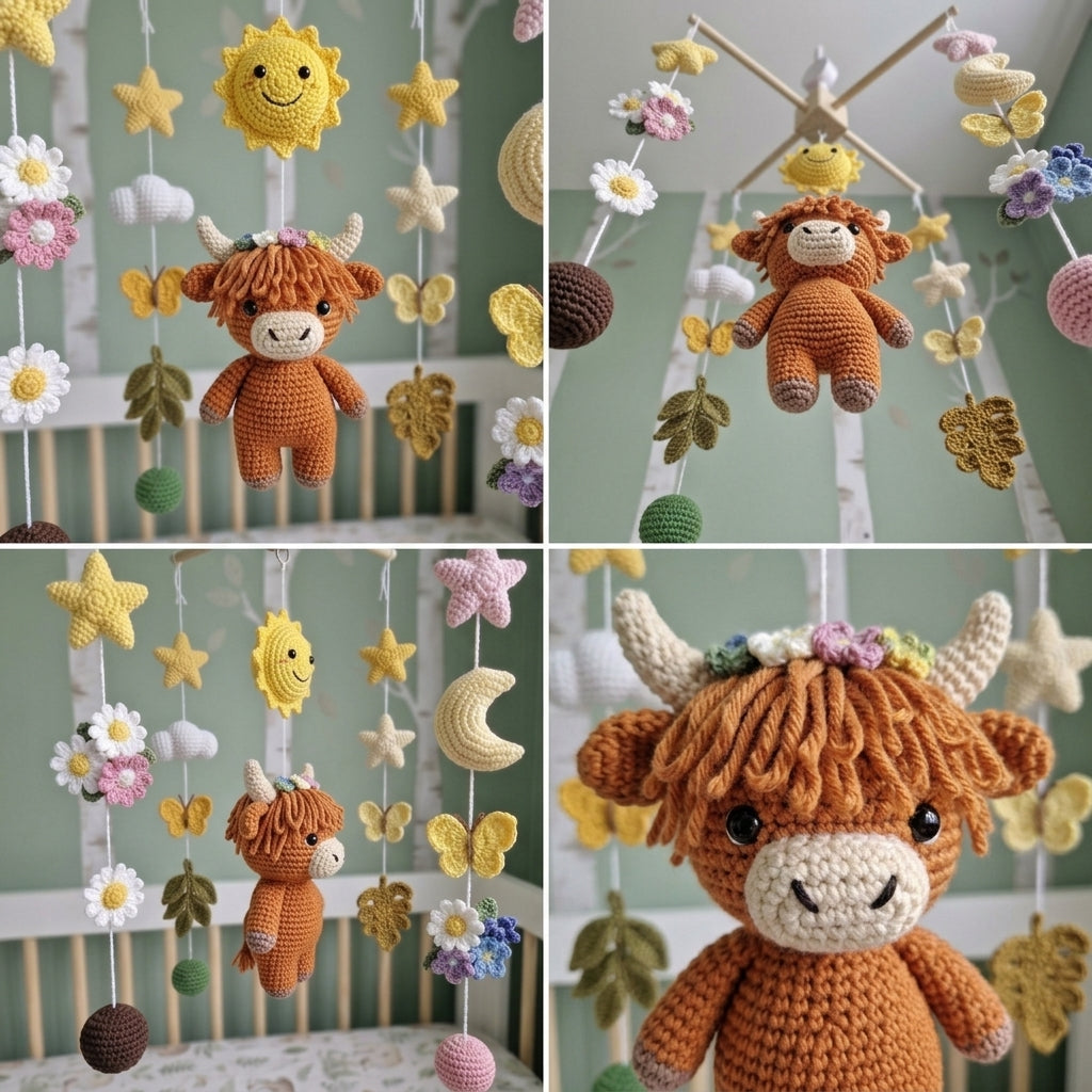 Wildflower Highland Cow Crochet Baby Mobile, Handmade Floral Crib Hanging with Butterflies, Moon and Sunshine