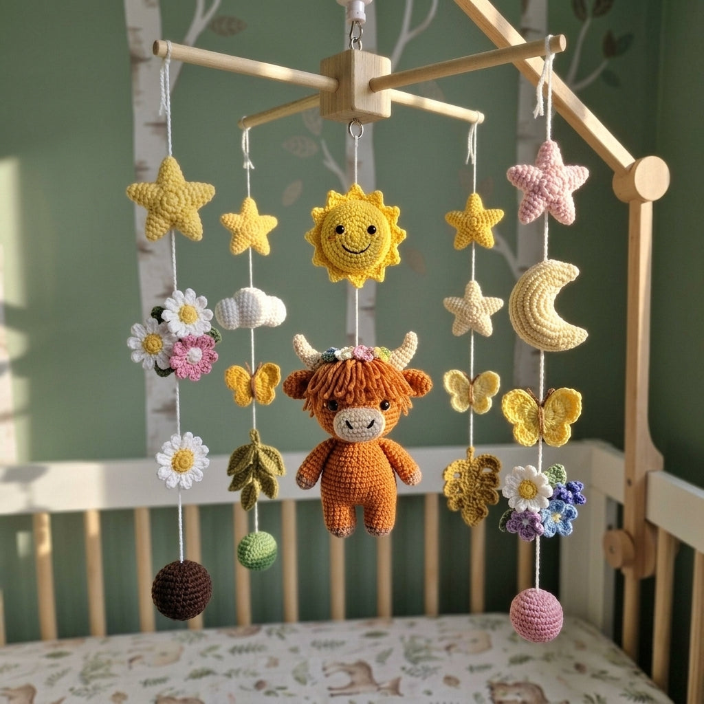Wildflower Highland Cow Crochet Baby Mobile, Handmade Floral Crib Hanging with Butterflies, Moon and Sunshine