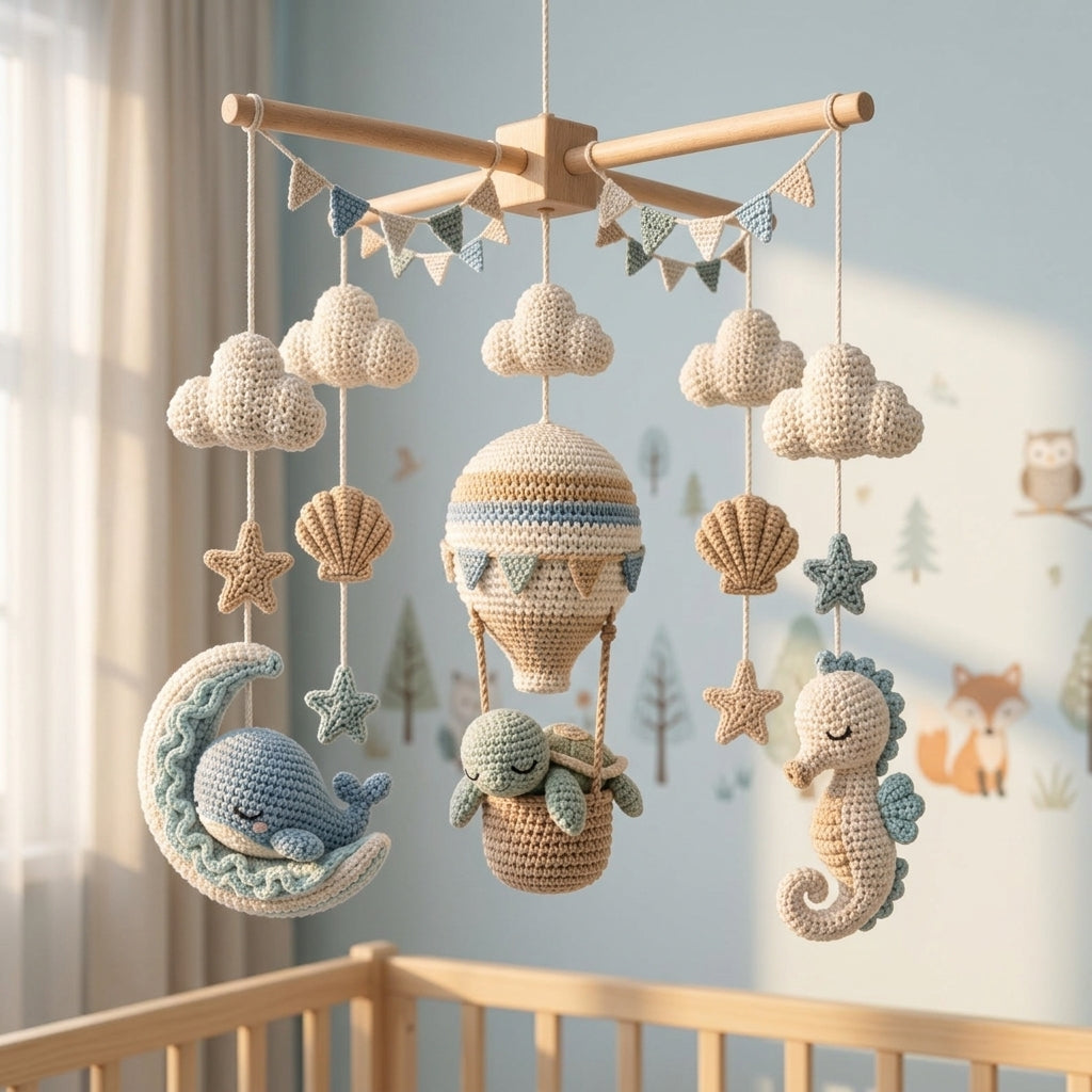 Ocean crochet baby mobile with hot air balloon, whale, sea turtle, seahorse, shells, clouds and starfish