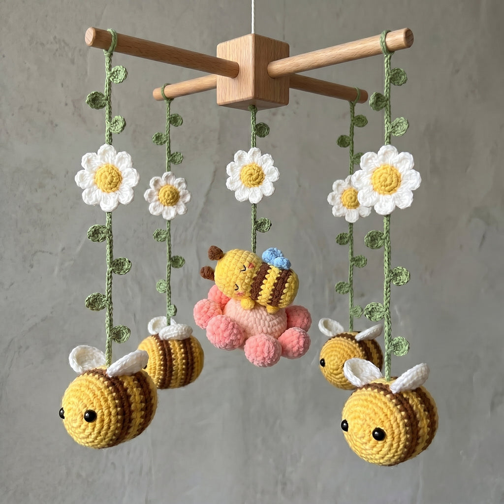 Crochet Bee Baby Mobile, Daisy Flower Crib Mobile