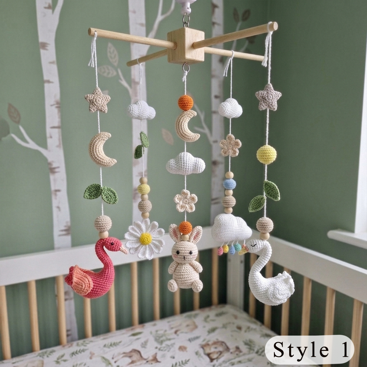 Garden Lake Crochet Baby Mobile, Handmade Swan and Flamingo Crib Hanging with Bunny, Butterflies and Flowers