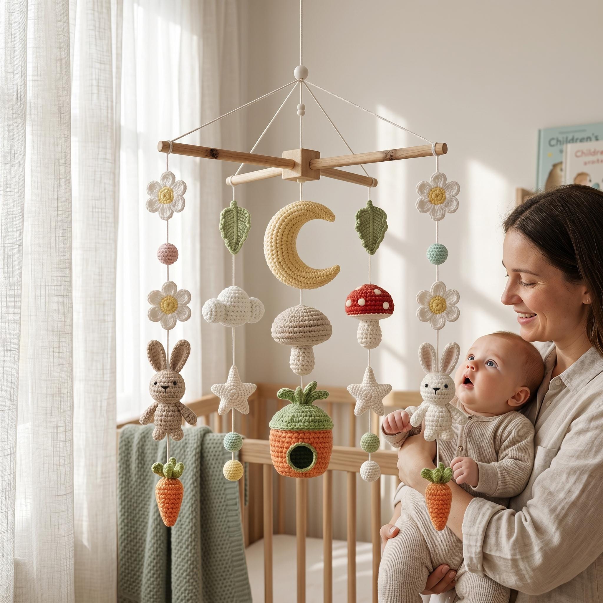 Bunny Baby Mobile, Woodland Neutral Nursery Decor