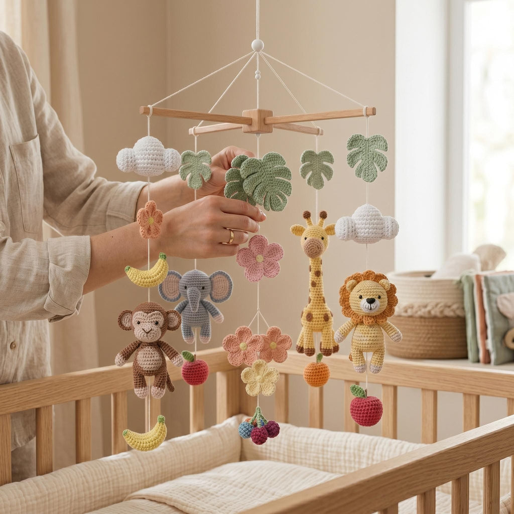 Handmade Safari Baby Mobile X Frame, Jungle Crib Mobile