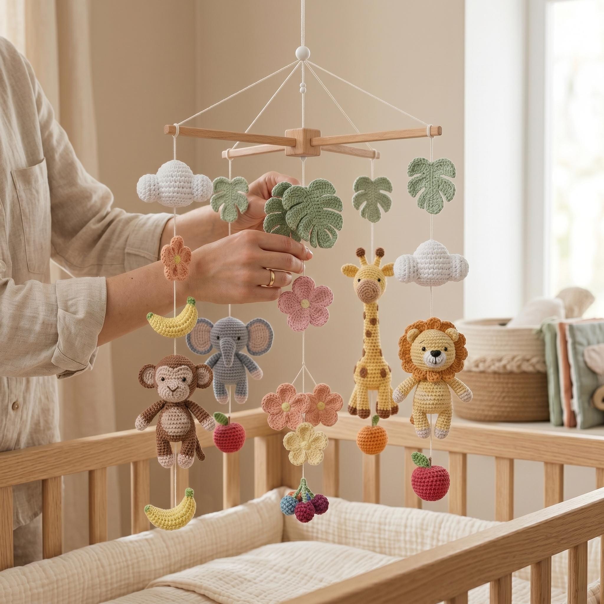 Handmade Safari Baby Mobile X Frame, Jungle Crib Mobile