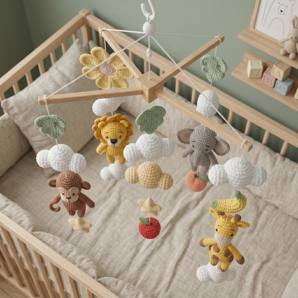 Handmade Safari Baby Mobile X Frame, Jungle Crib Mobile