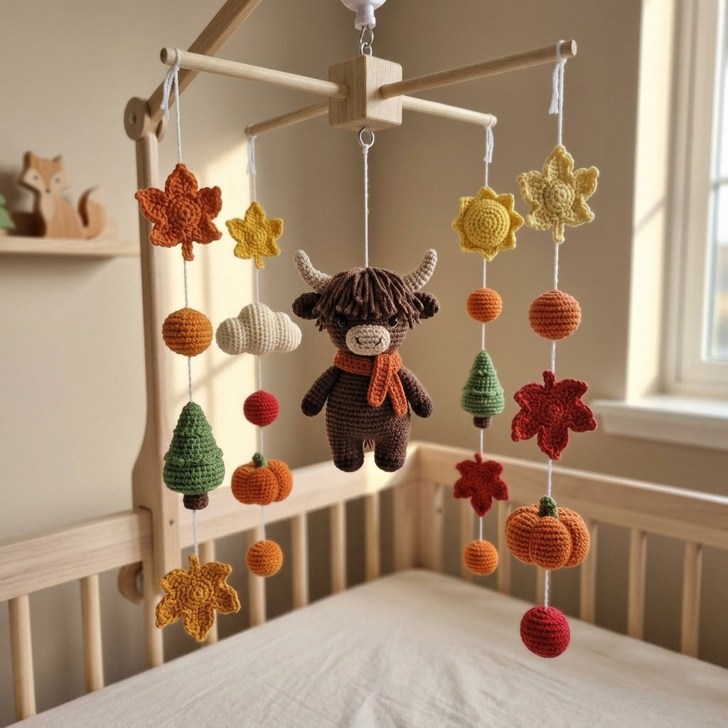 Autumn Highland Cow Crochet Baby Mobile, Fall Woodland Crib Hanging with Pumpkins, Maple Leaves and Pine Trees