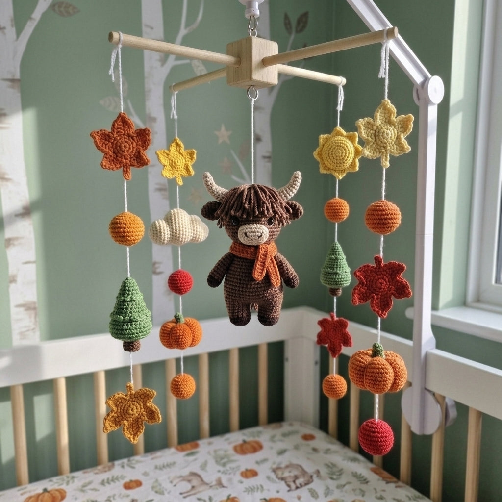 Autumn Highland Cow Crochet Baby Mobile, Fall Woodland Crib Hanging with Pumpkins, Maple Leaves and Pine Trees