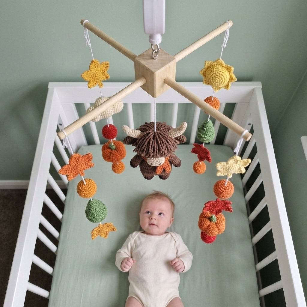 Autumn Highland Cow Crochet Baby Mobile, Fall Woodland Crib Hanging with Pumpkins, Maple Leaves and Pine Trees