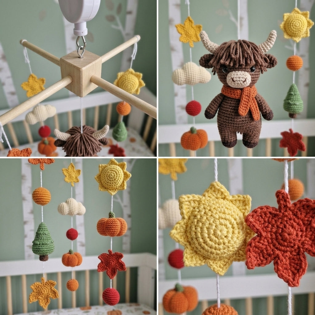 Autumn Highland Cow Crochet Baby Mobile, Fall Woodland Crib Hanging with Pumpkins, Maple Leaves and Pine Trees