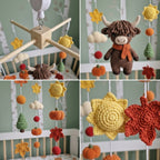 Autumn Highland Cow Crochet Baby Mobile, Fall Woodland Crib Hanging with Pumpkins, Maple Leaves and Pine Trees
