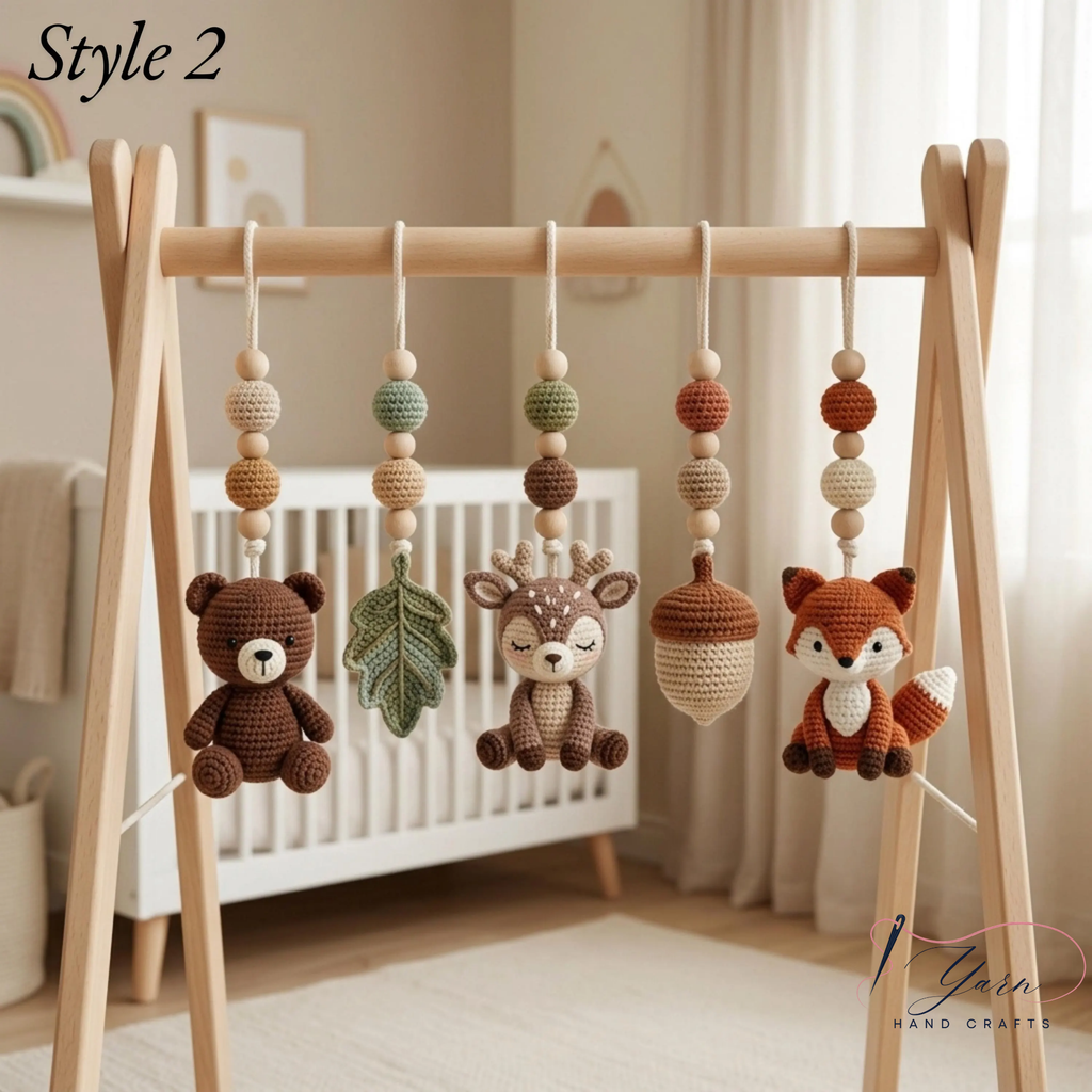 Woodland Baby Play Gym, Crochet Forest Animal Baby Gym, Wooden Montessori Play Gym, Neutral Nursery Decor, Baby Shower Gift, Handmade Baby Activity Gym
