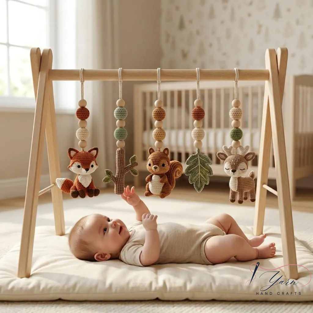 Woodland Baby Play Gym, Crochet Forest Animal Baby Gym, Wooden Montessori Play Gym, Neutral Nursery Decor, Baby Shower Gift, Handmade Baby Activity Gym