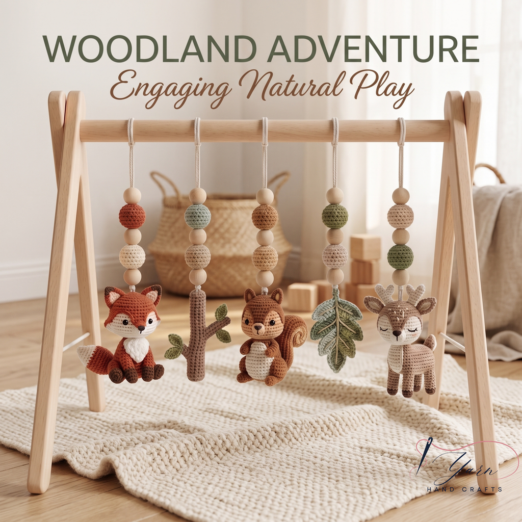 Woodland Baby Play Gym, Crochet Forest Animal Baby Gym, Wooden Montessori Play Gym, Neutral Nursery Decor, Baby Shower Gift, Handmade Baby Activity Gym