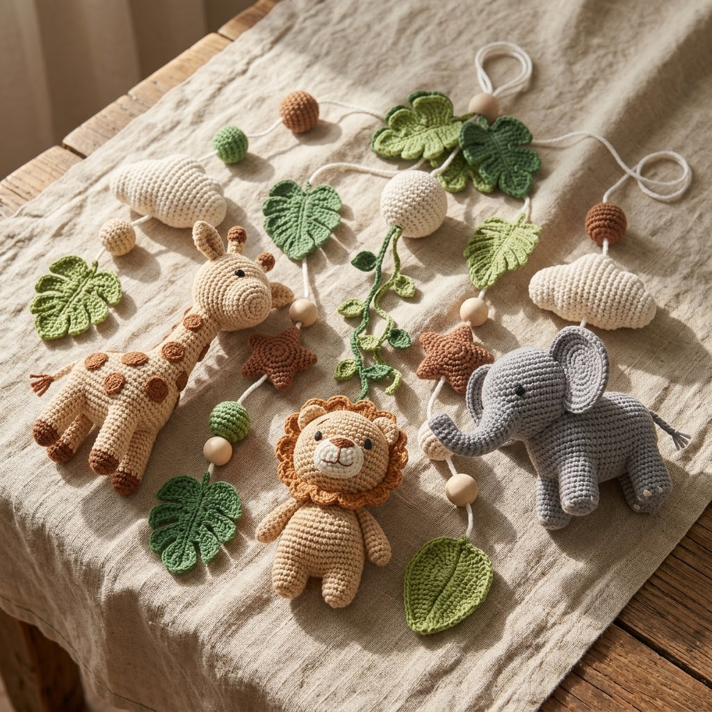 A set of handmade crocheted baby toys and a beaded garland arranged on a beige linen cloth over a wooden surface. The set includes a crocheted giraffe, lion, elephant, clouds, leaves, stars, and wooden beads.