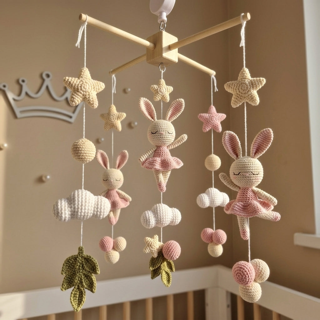 Crochet Bunny Ballerina Baby Mobile, Pink Rabbit Star Cloud Crib Decor, Ballet Nursery Hanging, Baby Shower Gift for Baby Girl Room