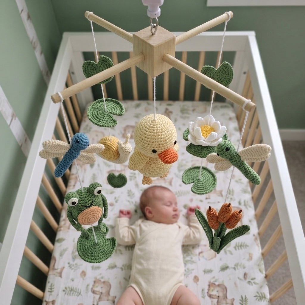 A baby sleeping in a white wooden crib, lying under a crocheted mobile with a duck, frog, dragonflies, lily of the valley, and tulips.