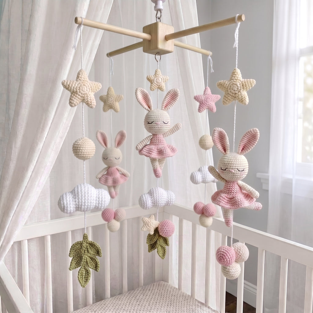Crochet Bunny Ballerina Baby Mobile, Pink Rabbit Star Cloud Crib Decor, Ballet Nursery Hanging, Baby Shower Gift for Baby Girl Room
