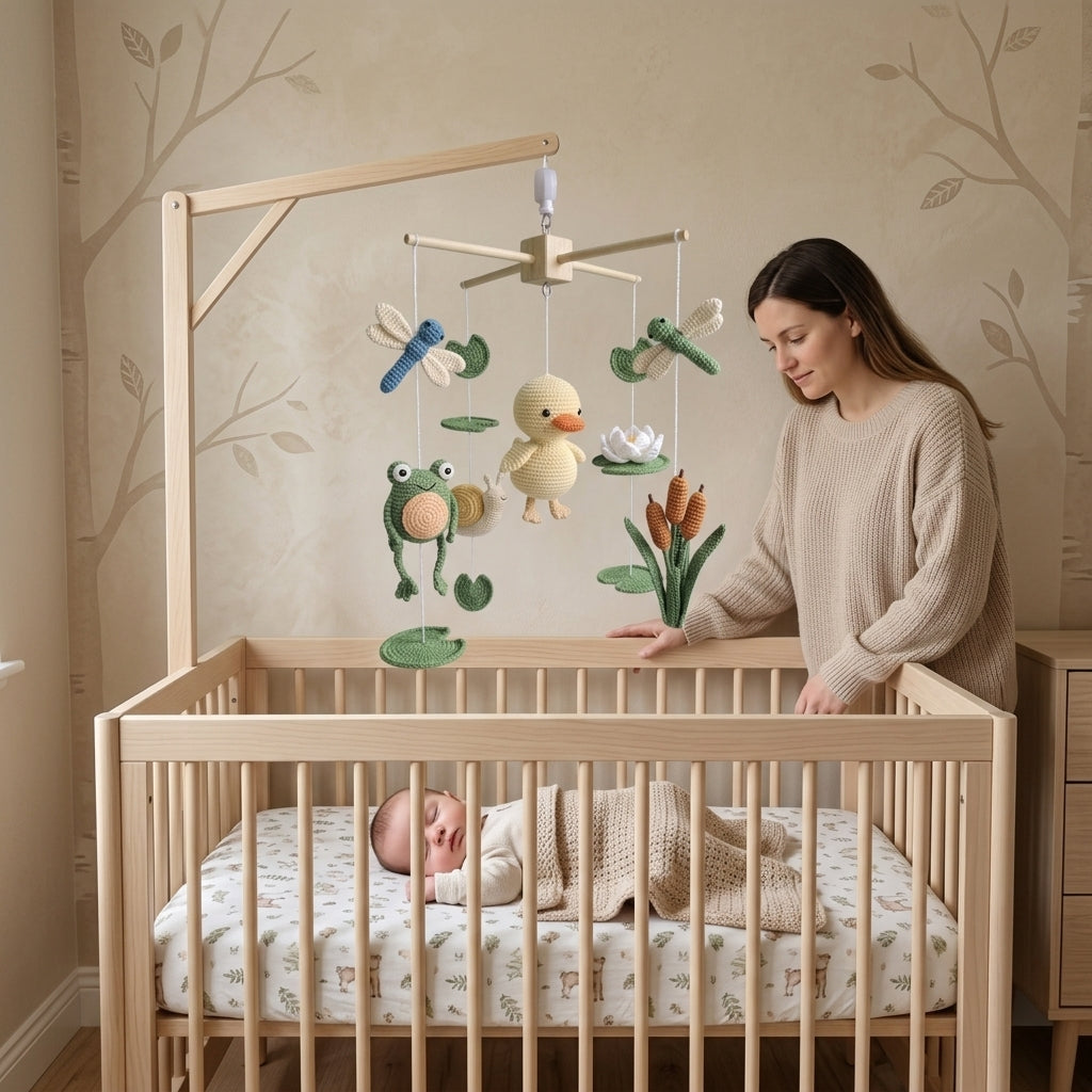 A baby nursery scene with a wooden crib containing a sleeping baby, a woman standing beside the crib, and a wooden baby mobile with hanging duck, frog, dragonfly, and flower toys.