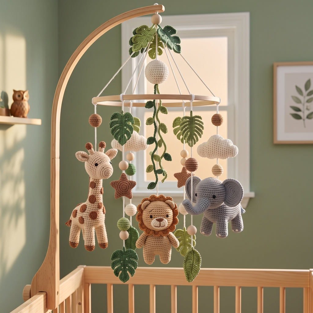 A wooden baby crib in a nursery with a hanging crocheted mobile featuring a giraffe, lion, elephant, clouds, stars, and green leaves.