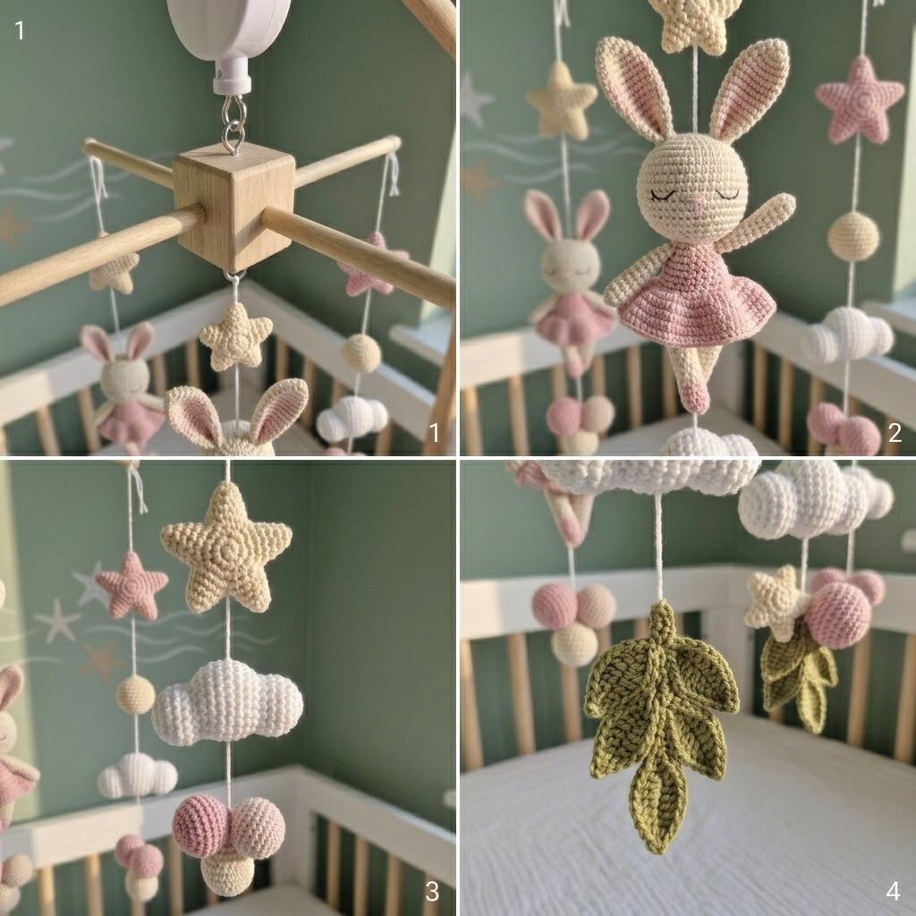 Crochet Bunny Ballerina Baby Mobile, Pink Rabbit Star Cloud Crib Decor, Ballet Nursery Hanging, Baby Shower Gift for Baby Girl Room
