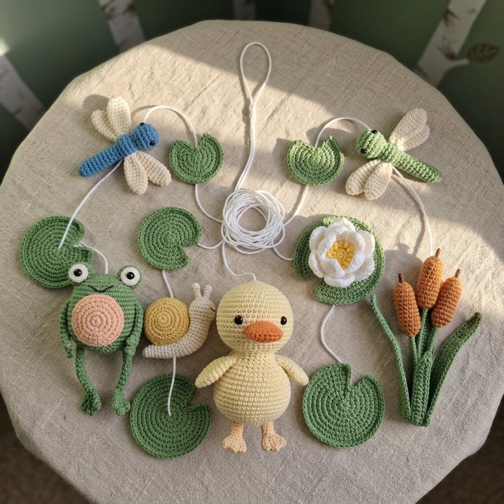 A set of handmade crocheted spring-themed ornaments arranged on a beige fabric-covered stool. The set includes a yellow crocheted duckling, green lily pads, a blue dragonfly, a green dragonfly, a white flower, a brown snail, and orange tulip-like stems, all connected by white cords.