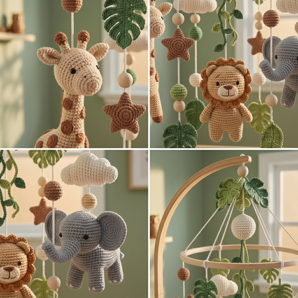 A collage showing a crocheted animal baby mobile with giraffe, lion, elephant, star, cloud, and leaf elements hanging in a nursery setting. One panel shows the mobile close-up, and another shows part of a wooden hanging frame in a softly lit room.