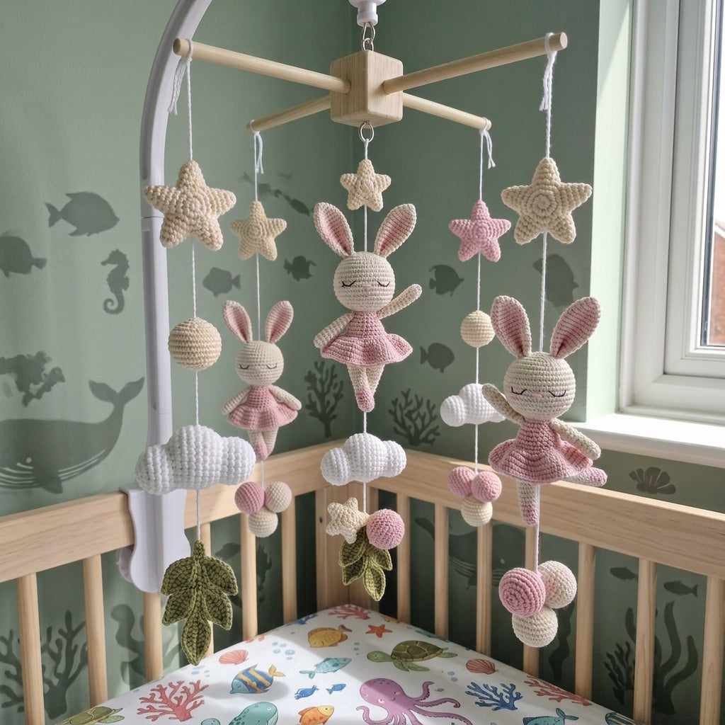 Crochet Bunny Ballerina Baby Mobile, Pink Rabbit Star Cloud Crib Decor, Ballet Nursery Hanging, Baby Shower Gift for Baby Girl Room