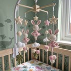 Crochet Bunny Ballerina Baby Mobile, Pink Rabbit Star Cloud Crib Decor, Ballet Nursery Hanging, Baby Shower Gift for Baby Girl Room