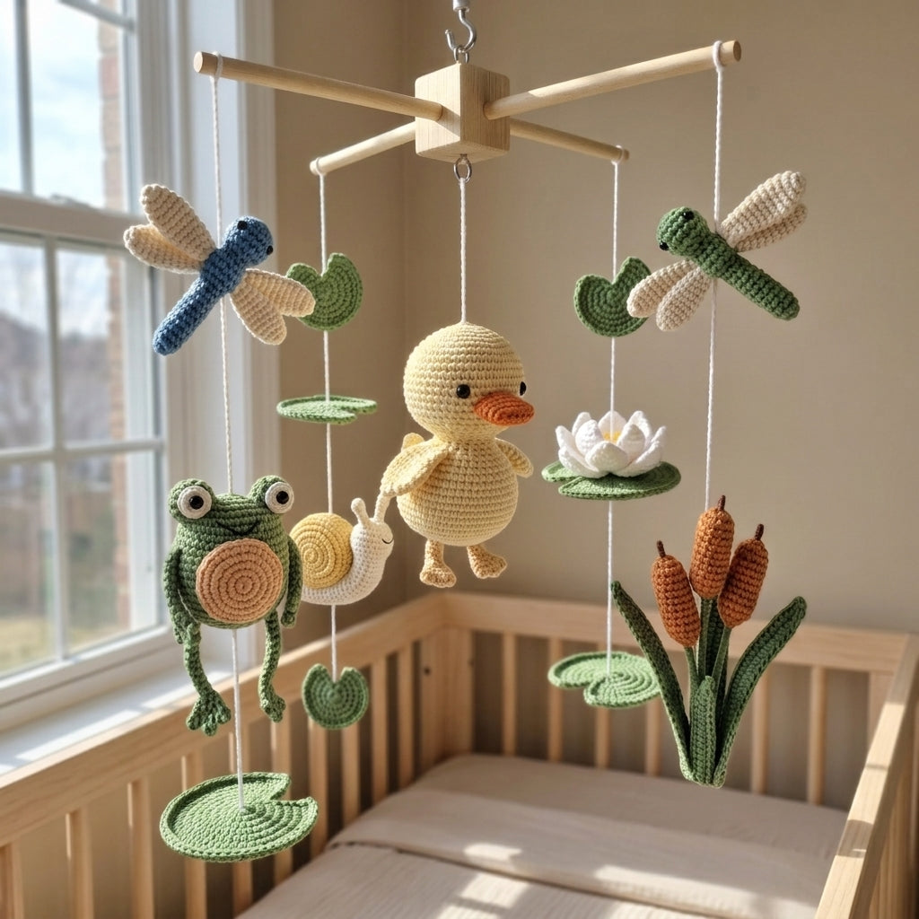 A handmade crocheted baby mobile with a wooden top frame, featuring a yellow duckling, green frog, blue dragonfly, white lotus, and orange reeds, hanging in a wooden crib by a window.