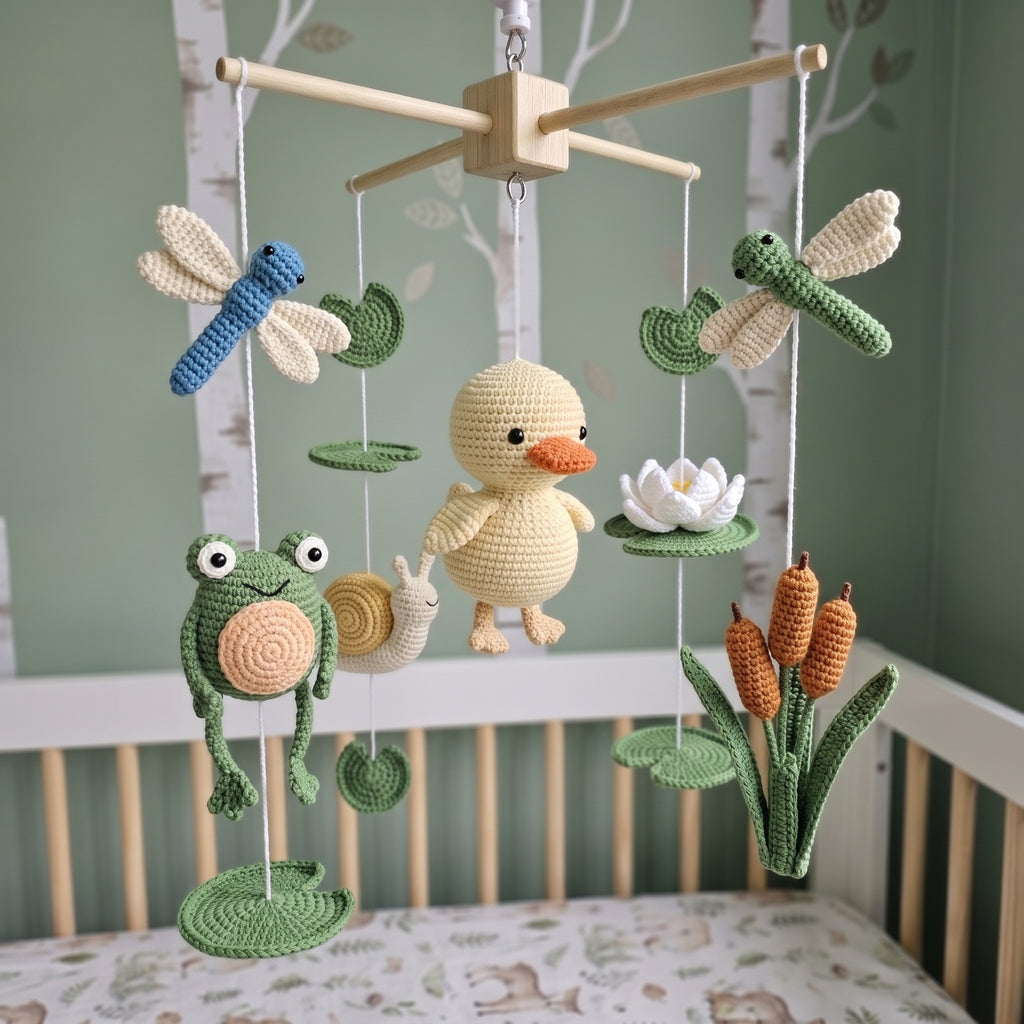 A crocheted baby mobile with a central yellow duck, green frog, blue dragonfly, white lotus, snail, and cattails, hanging above a crib in a nursery.