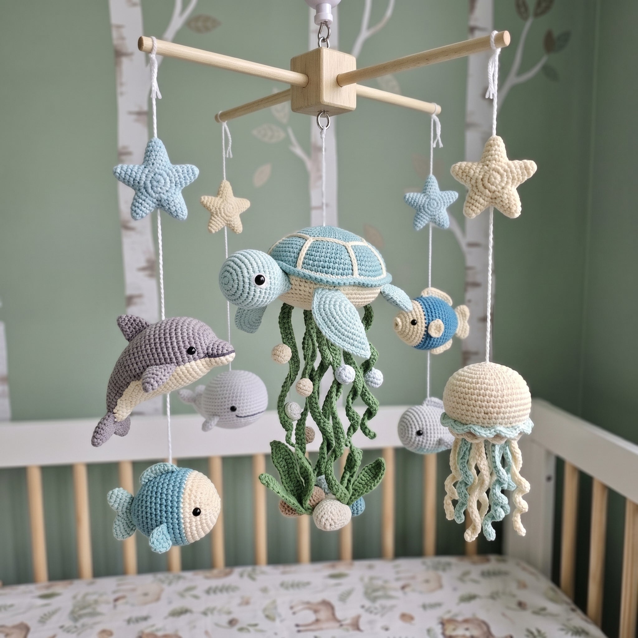 Crochet Ocean Baby Mobile, Sea Turtle Dolphin Jellyfish Fish Crib Decor, Under the Sea Nursery Hanging, Baby Shower Gift for Boy or Girl