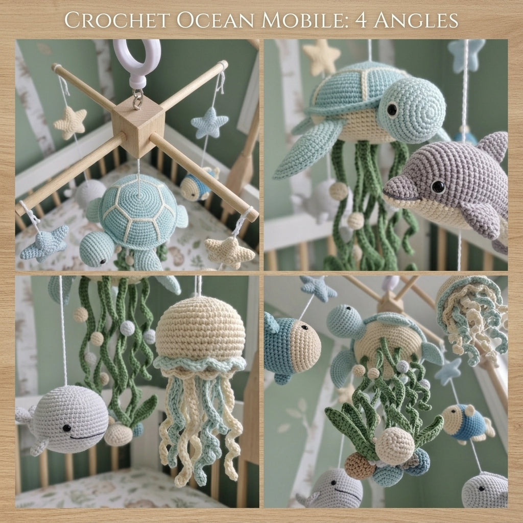 Crochet Ocean Baby Mobile, Sea Turtle Dolphin Jellyfish Fish Crib Decor, Under the Sea Nursery Hanging, Baby Shower Gift for Boy or Girl