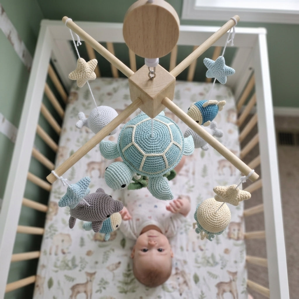 Crochet Ocean Baby Mobile, Sea Turtle Dolphin Jellyfish Fish Crib Decor, Under the Sea Nursery Hanging, Baby Shower Gift for Boy or Girl