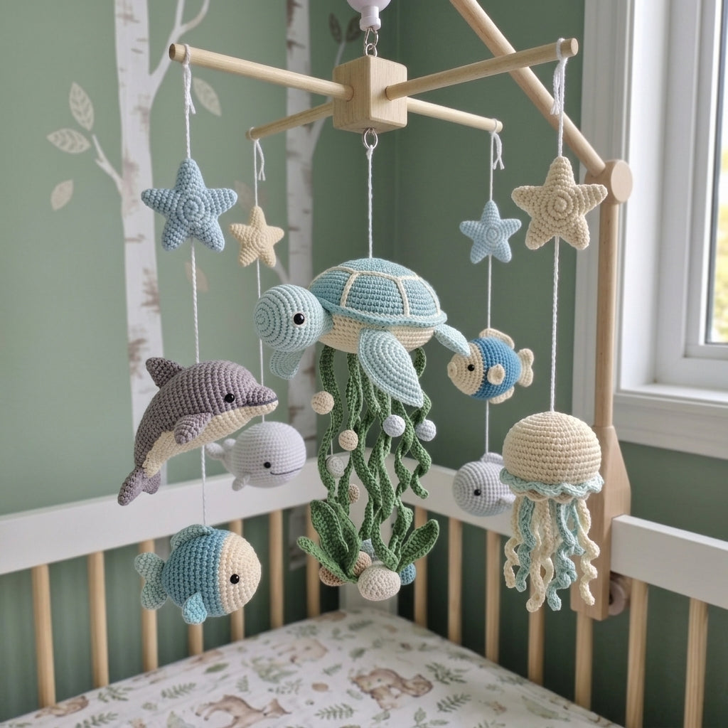 Crochet Ocean Baby Mobile, Sea Turtle Dolphin Jellyfish Fish Crib Decor, Under the Sea Nursery Hanging, Baby Shower Gift for Boy or Girl