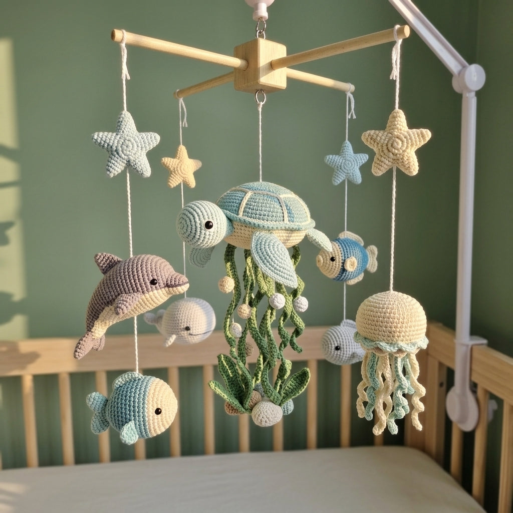 Crochet Ocean Baby Mobile, Sea Turtle Dolphin Jellyfish Fish Crib Decor, Under the Sea Nursery Hanging, Baby Shower Gift for Boy or Girl