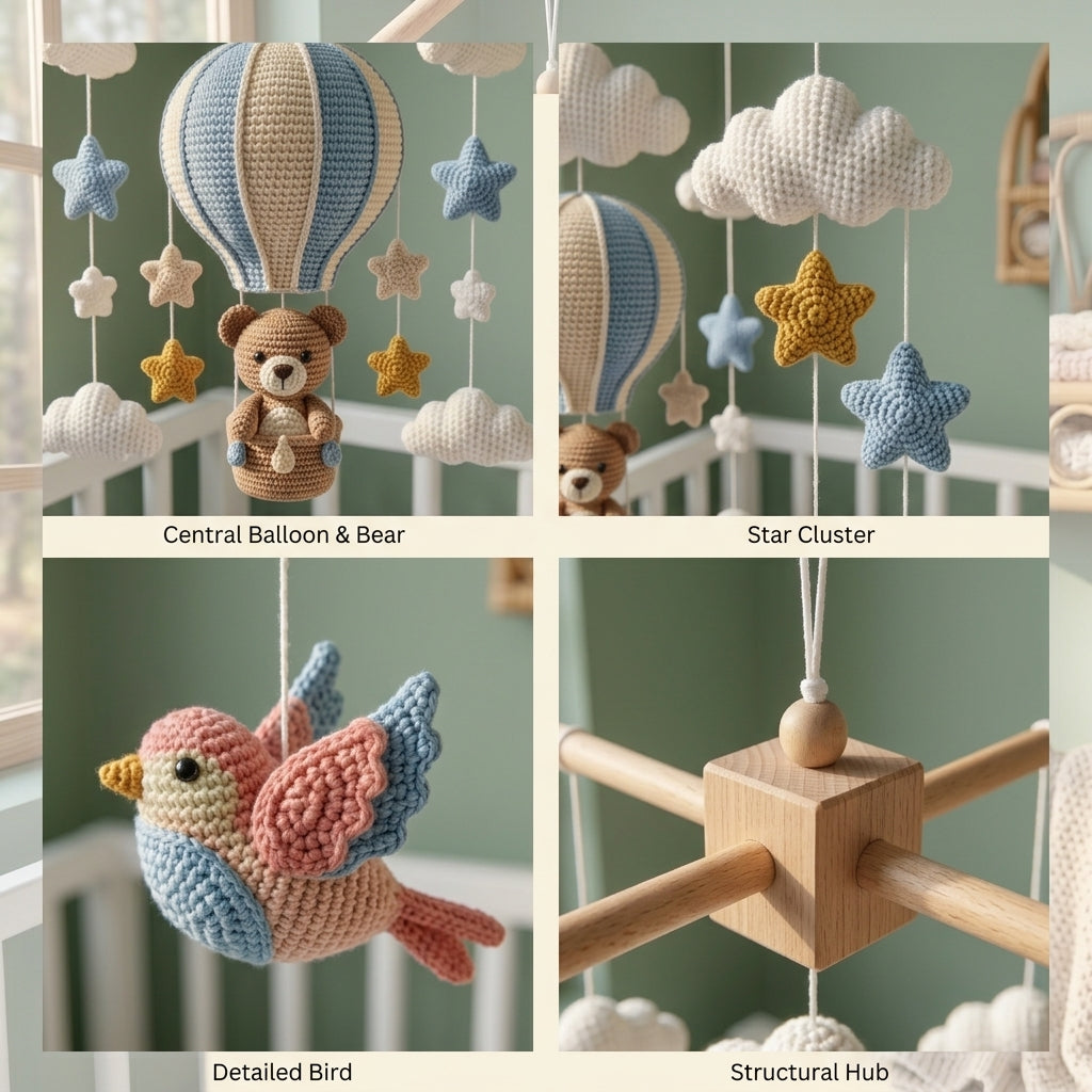 Crochet Teddy Bear Hot Air Balloon Baby Mobile, Cloud Star Bird Crib Decor, Adventure Nursery Hanging, Baby Shower Gift for Boy or Girl