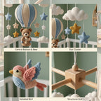 Crochet Teddy Bear Hot Air Balloon Baby Mobile, Cloud Star Bird Crib Decor, Adventure Nursery Hanging, Baby Shower Gift for Boy or Girl