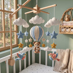 Crochet Teddy Bear Hot Air Balloon Baby Mobile, Cloud Star Bird Crib Decor, Adventure Nursery Hanging, Baby Shower Gift for Boy or Girl