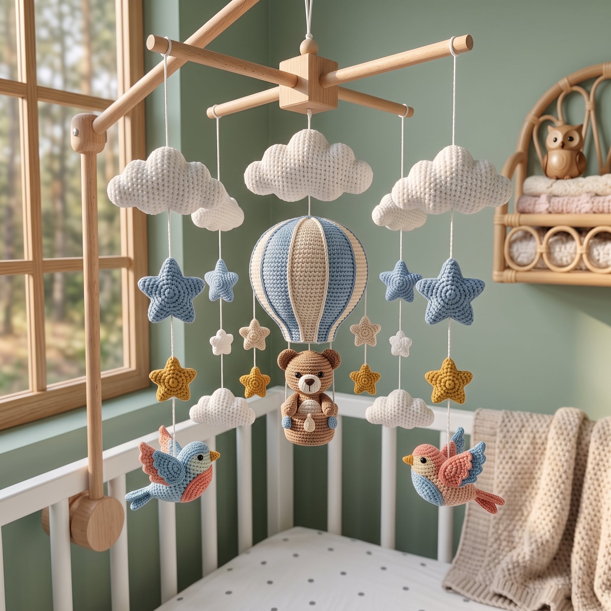 Crochet Teddy Bear Hot Air Balloon Baby Mobile, Cloud Star Bird Crib Decor, Adventure Nursery Hanging, Baby Shower Gift for Boy or Girl