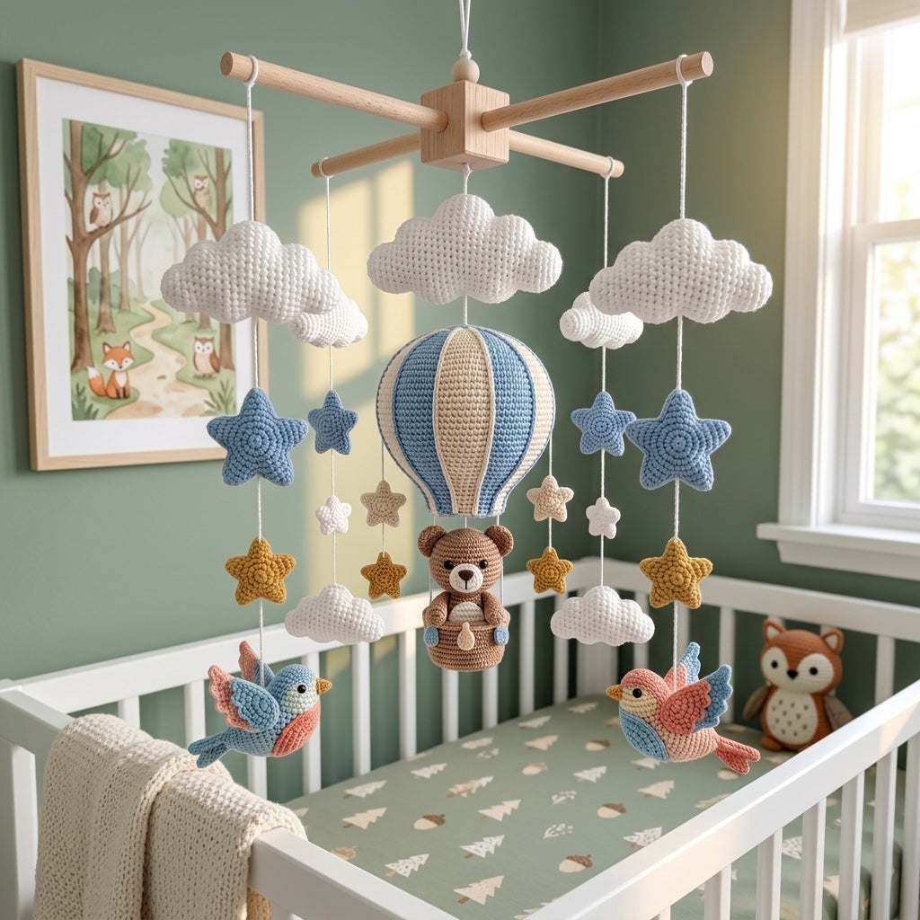 Crochet Teddy Bear Hot Air Balloon Baby Mobile, Cloud Star Bird Crib Decor, Adventure Nursery Hanging, Baby Shower Gift for Boy or Girl